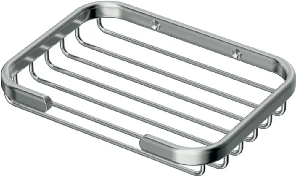 Wandhängender Seifenkorb aus Chrom von Ideal Standard. Das Produkt hat eine rechteckige Form mit Streben und zwei Befestigungslöchern zur Montage an der Wand.